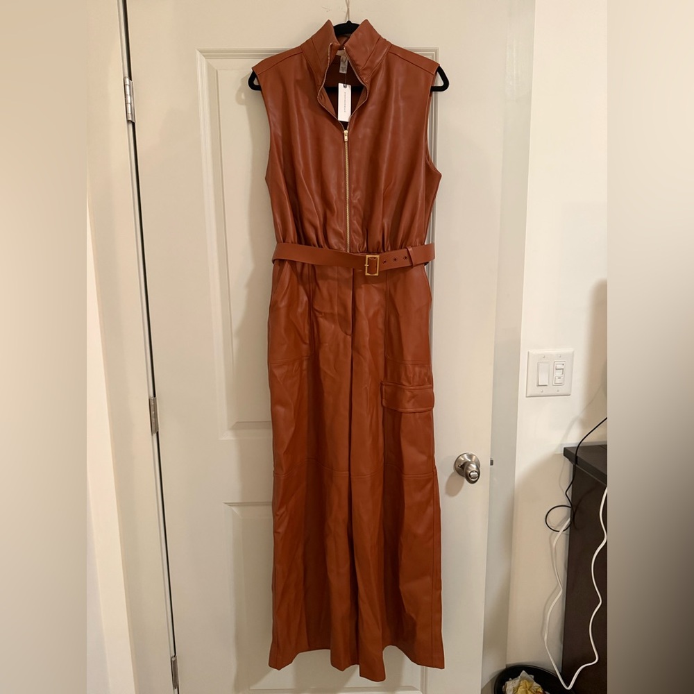 Brown leather Sleeveless Belted jumpsuit